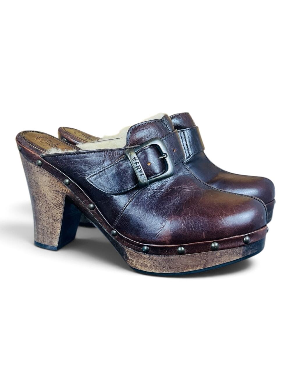 Frye Ella Shearling Platform Clogs Brown Leather Wooden Mules Size 6.5